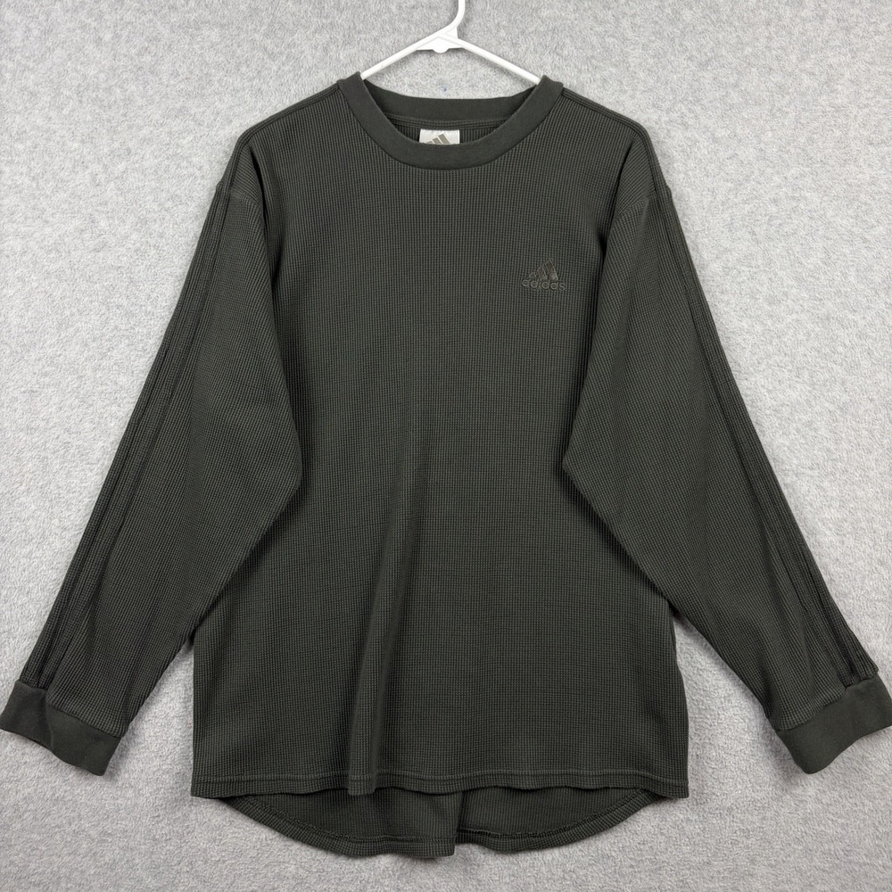 Vintage Adidas Shirt Mens Large Green Waffle Knit Thermal Striped Long Sleeve